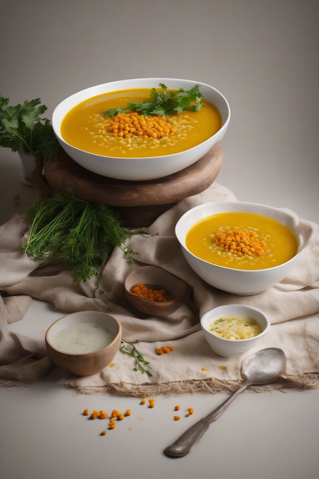 A high-resolution photo of radiant golden turmeric lentil soup with turmeric root garnish, under soft lighting.