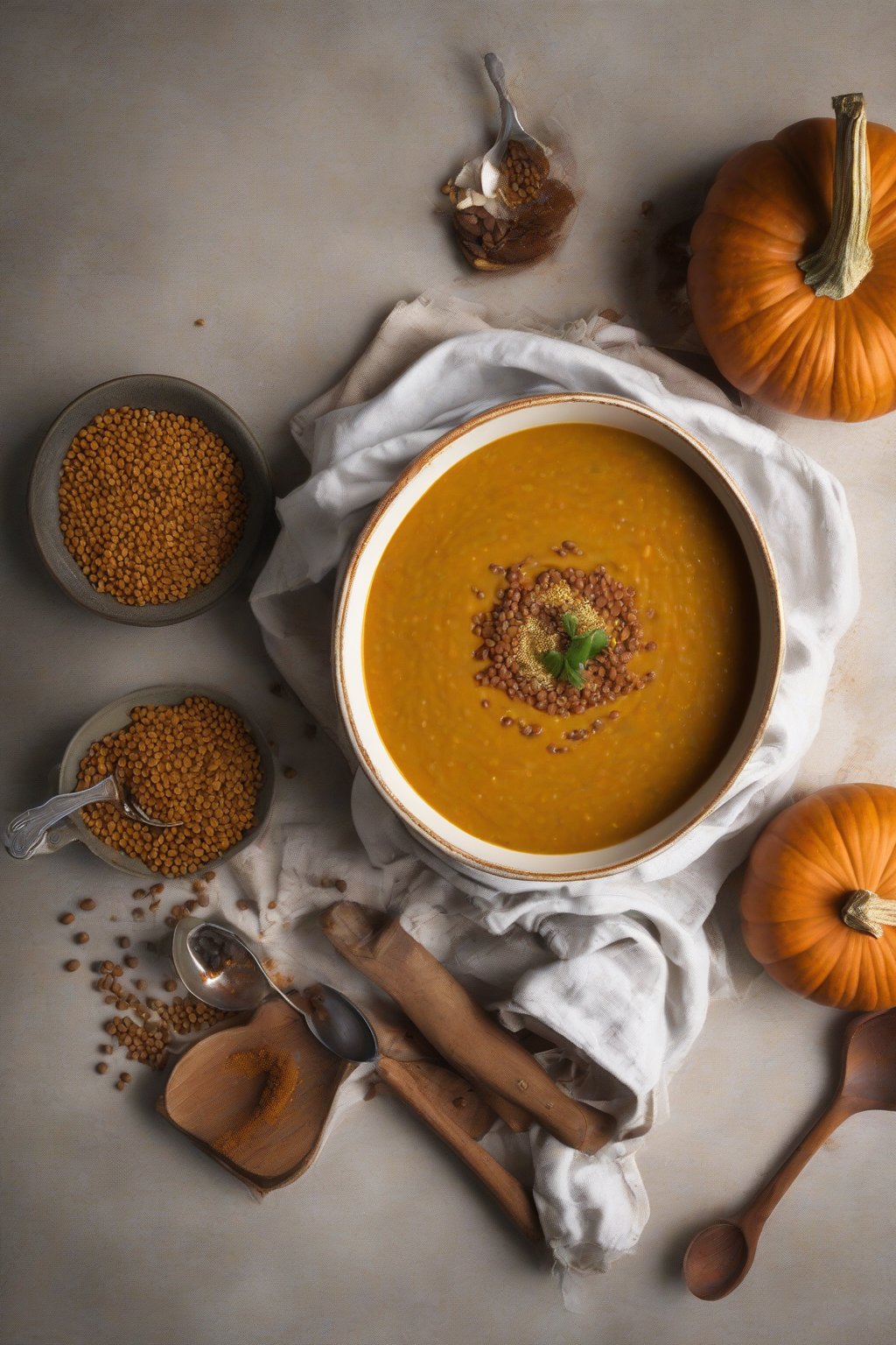 A high-resolution photo of smooth harvest pumpkin lentil soup dusted with nutmeg, under soft lighting.