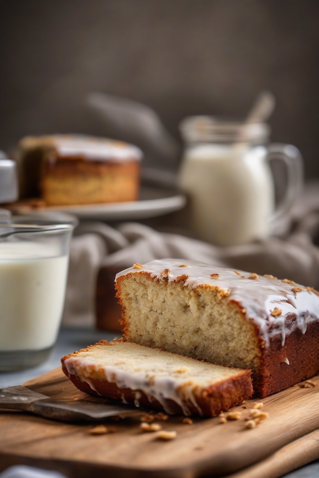 A high-resolution photo of a sliced classic Greek yogurt banana cake on a wooden board, revealing moist crumb, under soft lighting.