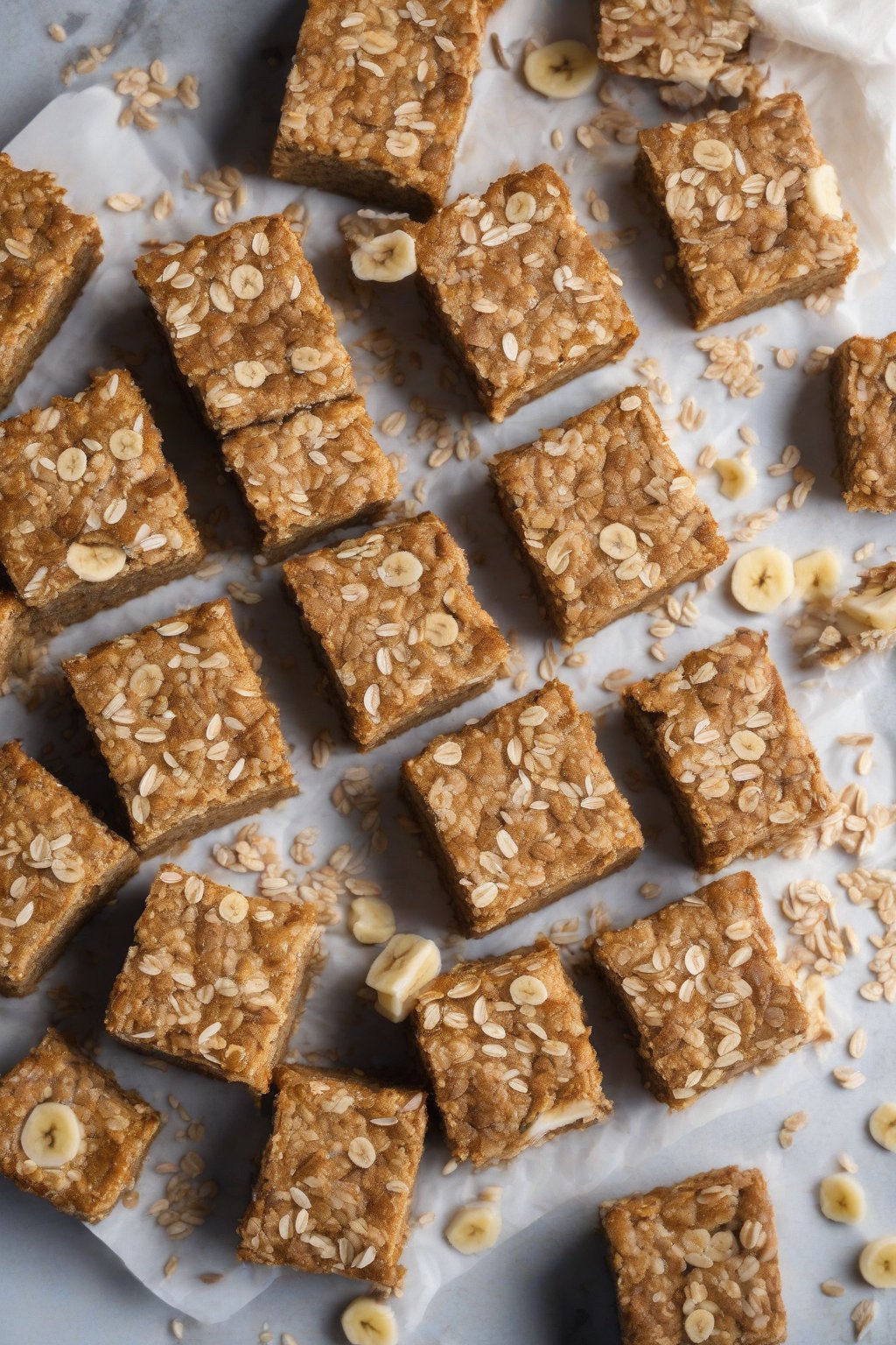 A high-resolution photo of oat flour banana snack cake squares on a plate with oats scattered around, under soft lighting.