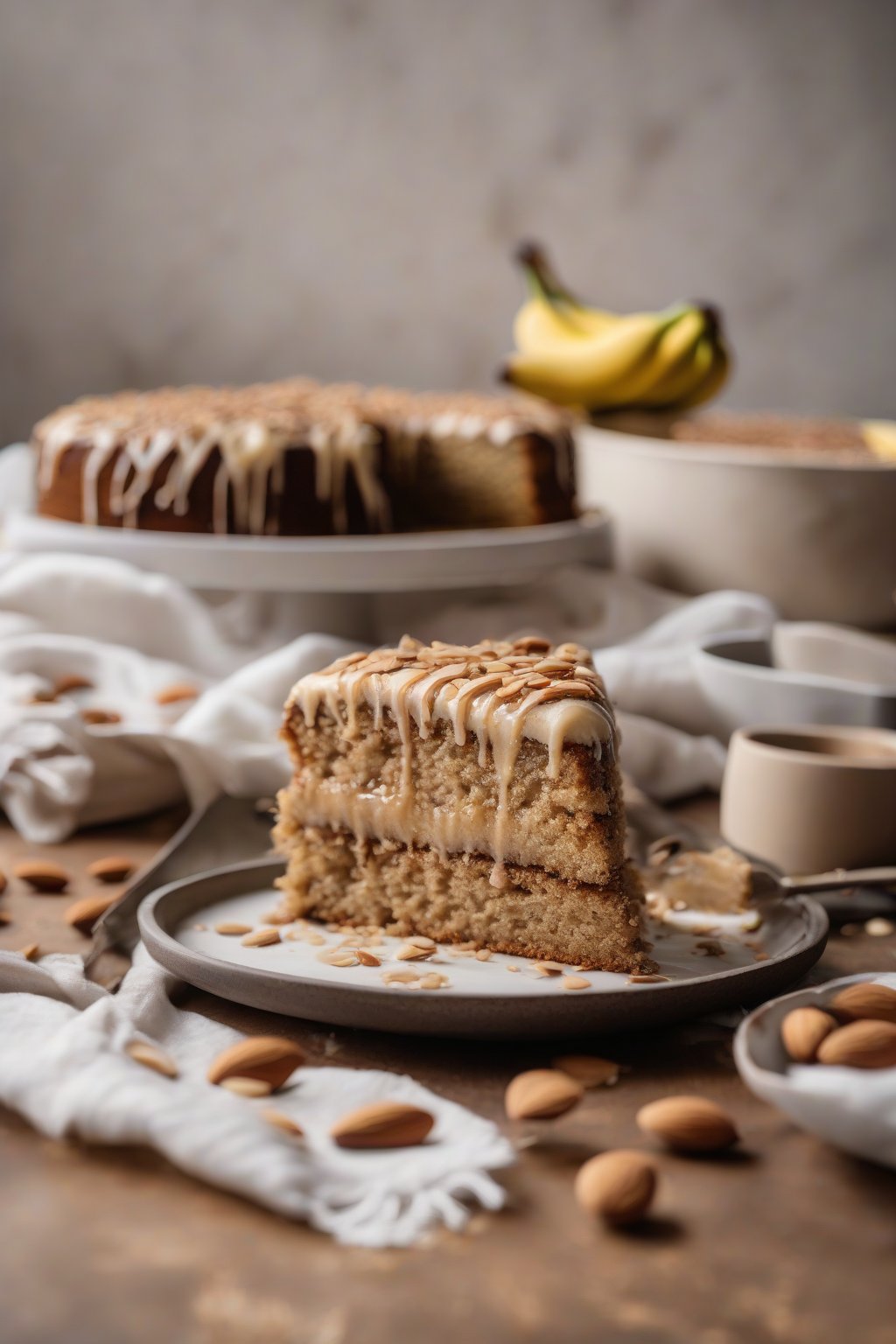 A high-resolution photo of almond butter banana cake with a nutty crumb, drizzled with extra almond butter, under soft lighting.