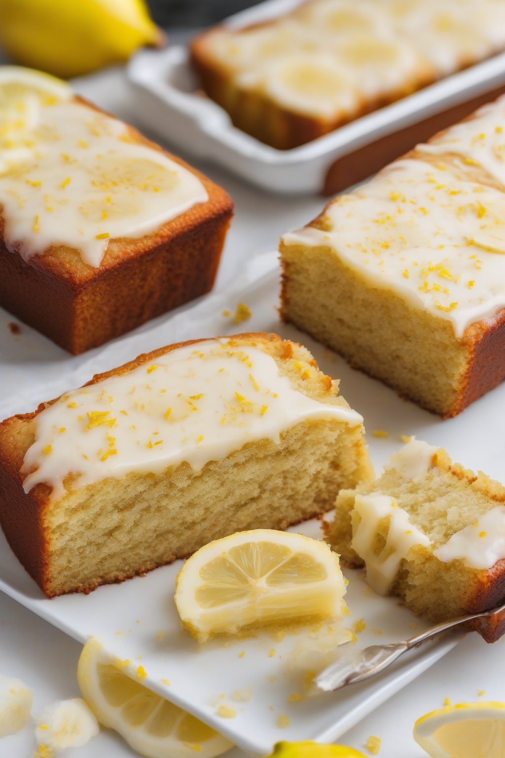 A high-resolution photo of lemon zest banana cake slices with visible yellow flecks, on a white plate, under soft lighting.