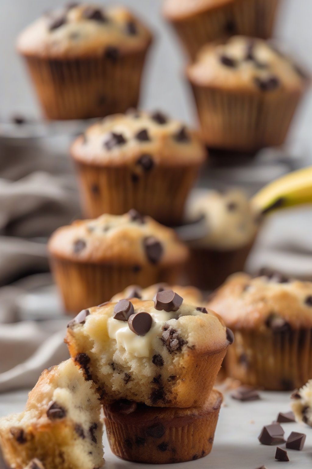 A high-resolution photo of chocolate chip banana yogurt cake muffins with melty chips, under soft lighting.
