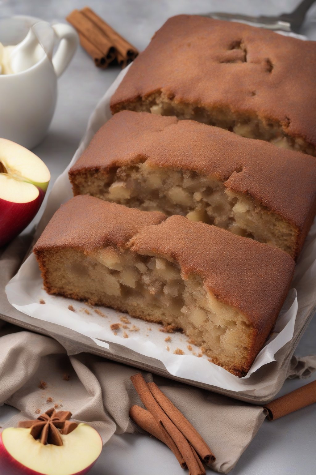 A high-resolution photo of cinnamon apple banana cake with apple chunks visible, dusted with cinnamon, under soft lighting.