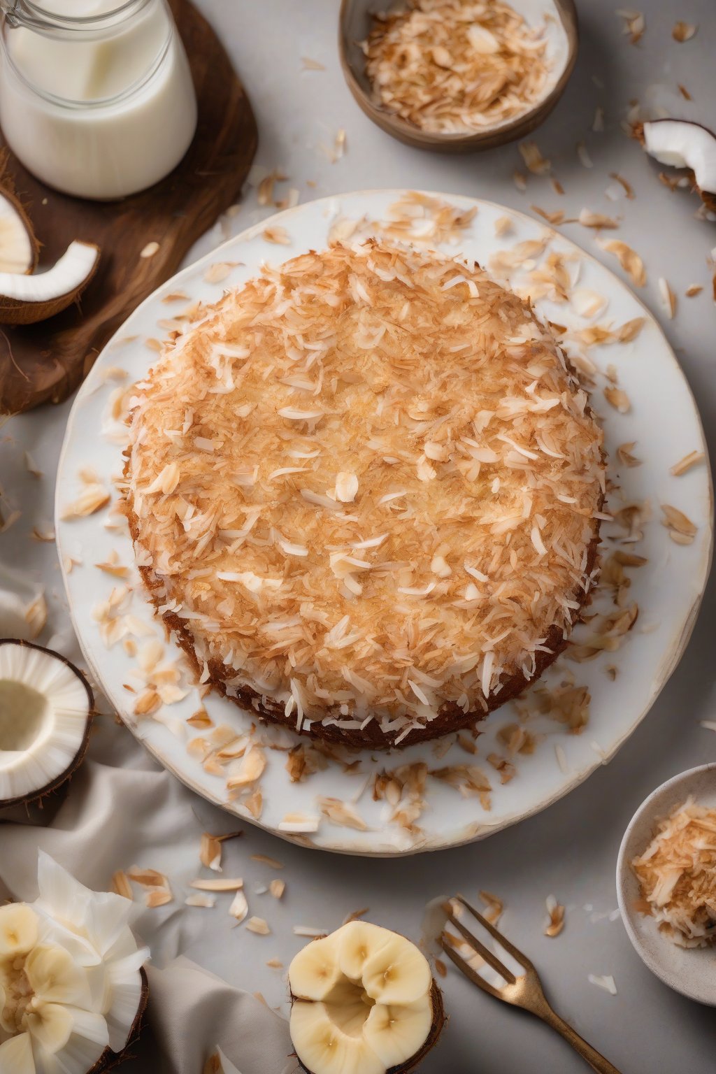 A high-resolution photo of coconut flake banana cake topped with toasted coconut, under soft lighting.