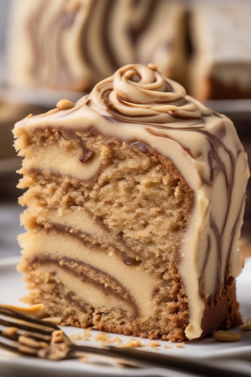 A high-resolution photo of peanut butter swirl banana cake slice showing creamy swirls, under soft lighting.