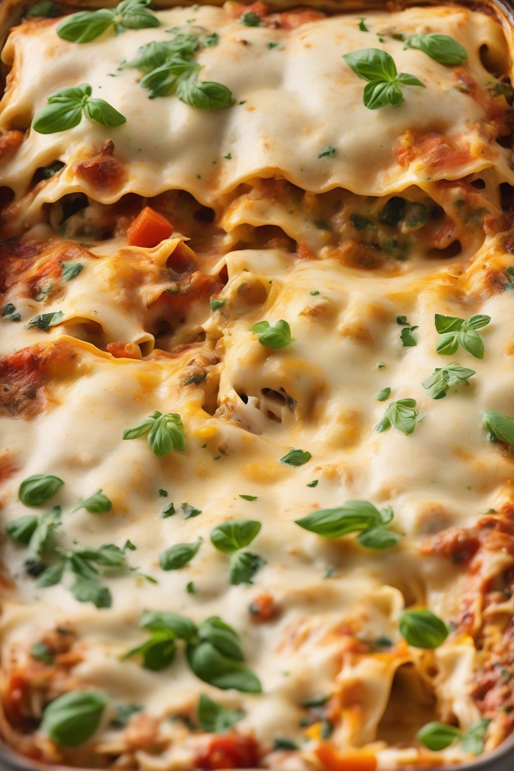 A high-resolution close-up photo of veggie-packed chicken lasagna, colorful vegetable flecks in creamy layers, steam rising, under soft lighting.