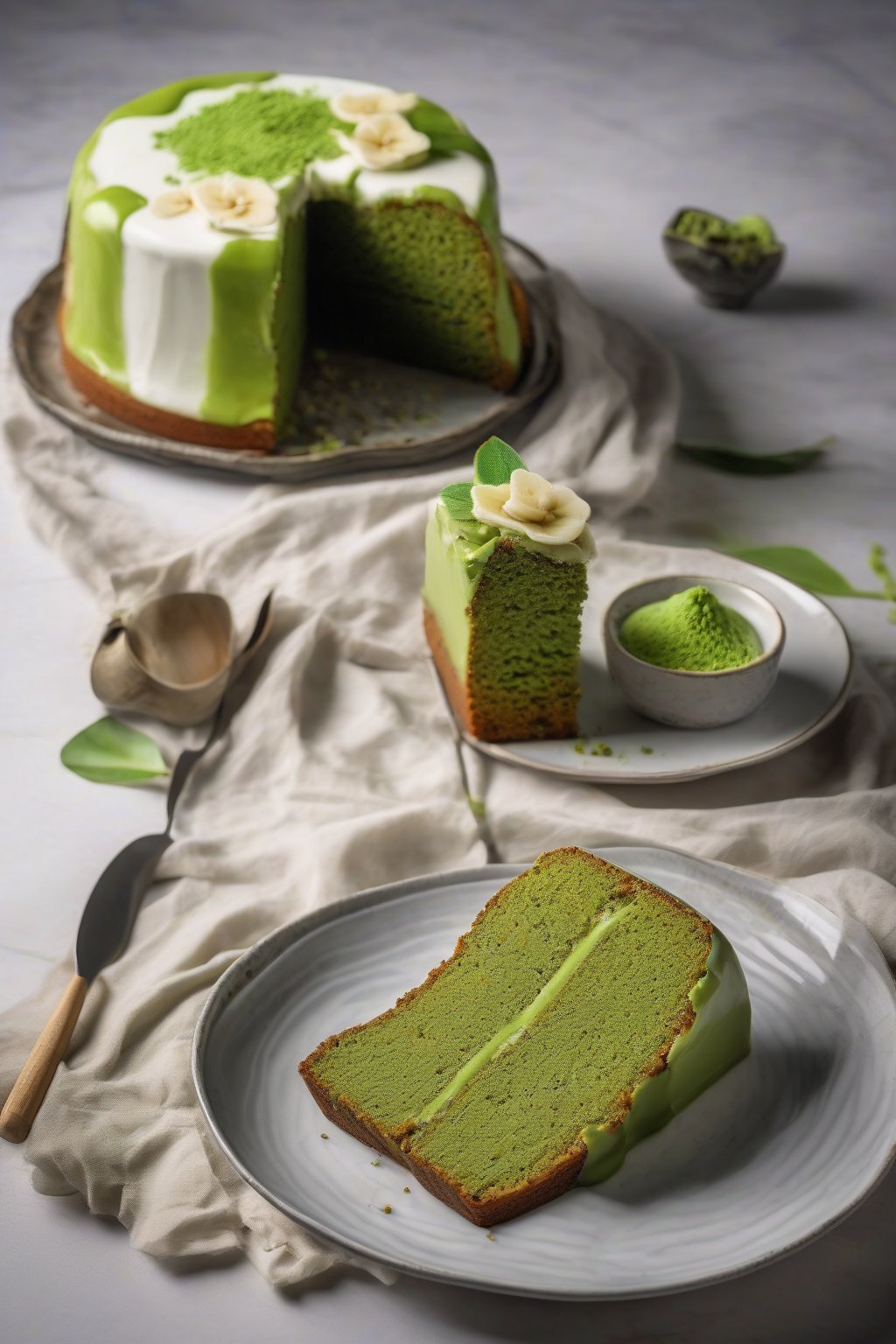 A high-resolution photo of vibrant green matcha banana cake on a modern plate, under soft lighting.