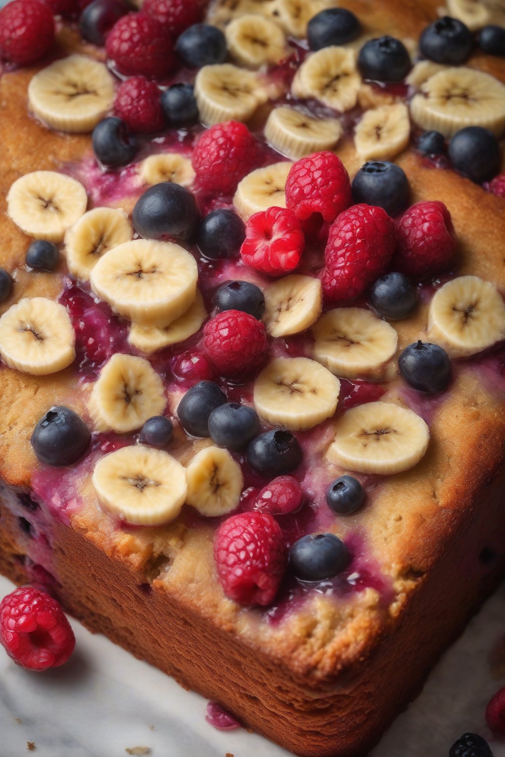 A high-resolution photo of berry-infused banana cake with juicy berries peeking out, under soft lighting.