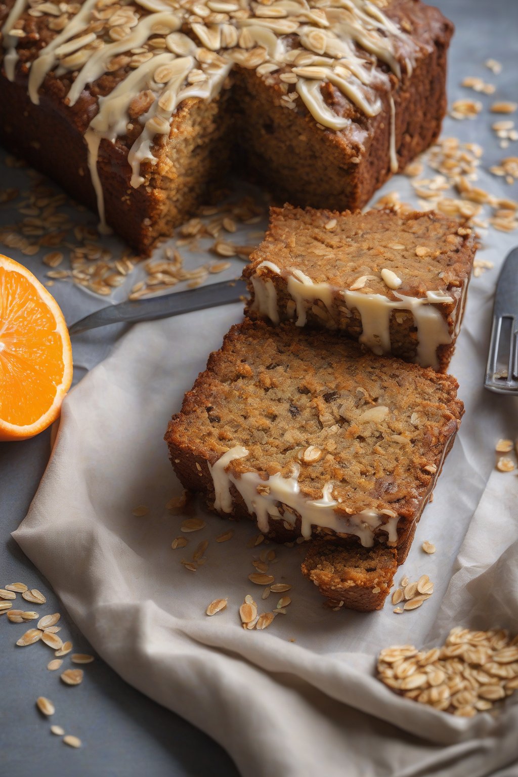 A high-resolution photo of carrot banana oat cake with orange flecks, under soft lighting.
