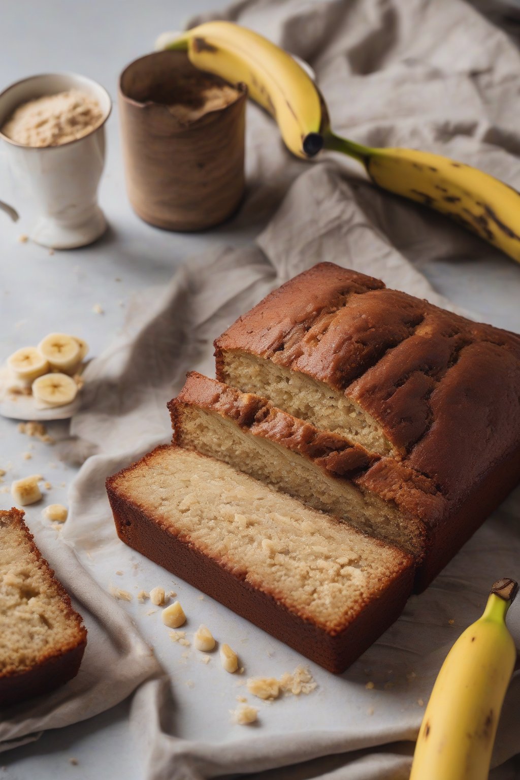 A high-resolution photo of vegan aquafaba banana cake loaf, sliced neatly, under soft lighting.