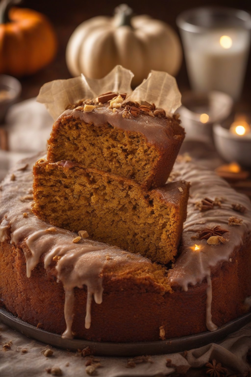 A high-resolution photo of pumpkin spice banana cake with warm spices dusted on top, under soft lighting.