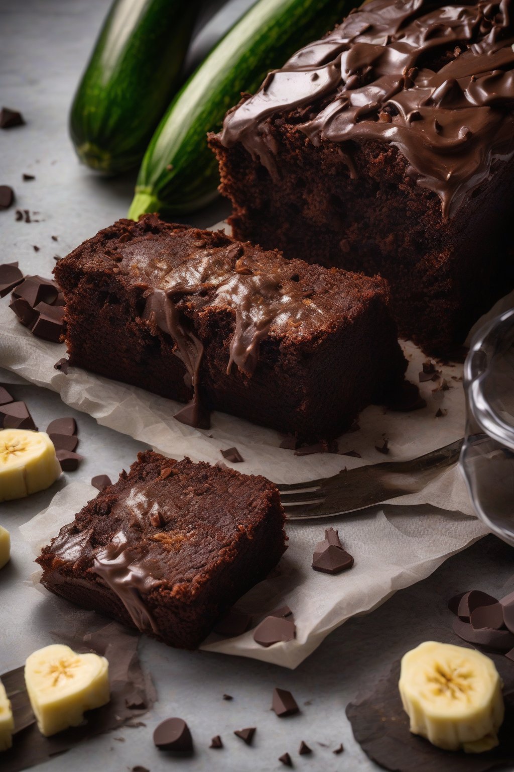 A high-resolution photo of zucchini chocolate banana cake with fudgy texture, under soft lighting.