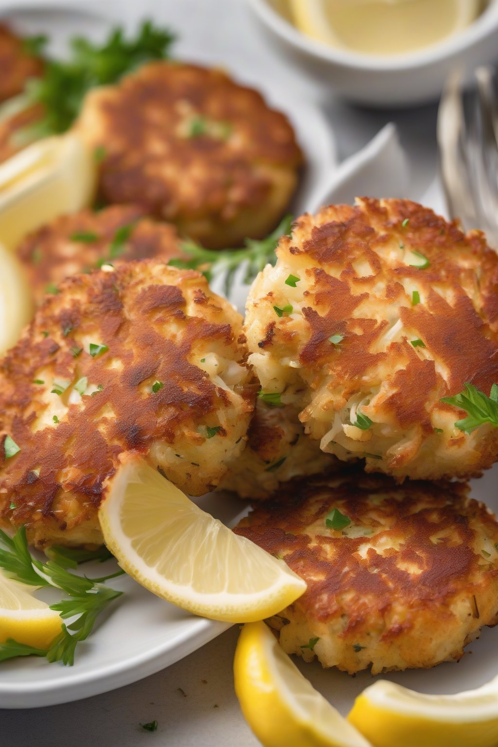 A high-resolution photo of golden classic Maryland crab cakes on a white plate, topped with lemon wedges, under soft lighting.