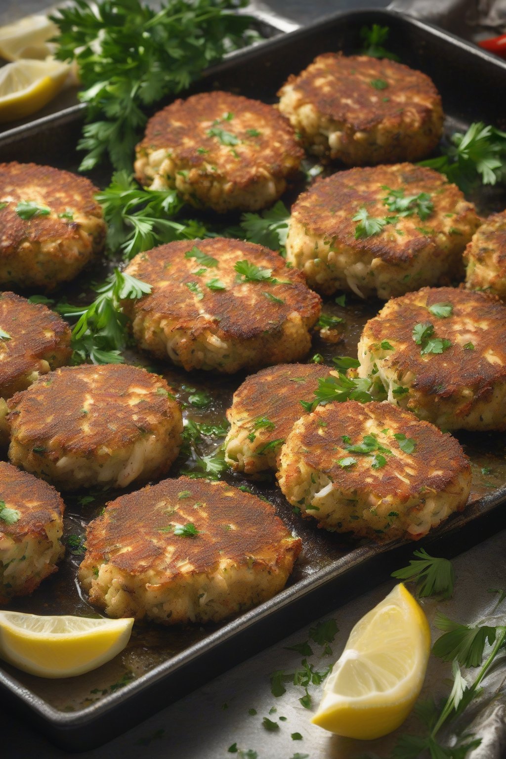 A high-resolution photo of Old Bay dusted crab cakes sizzling on a broiler pan, garnished with parsley, under soft lighting.