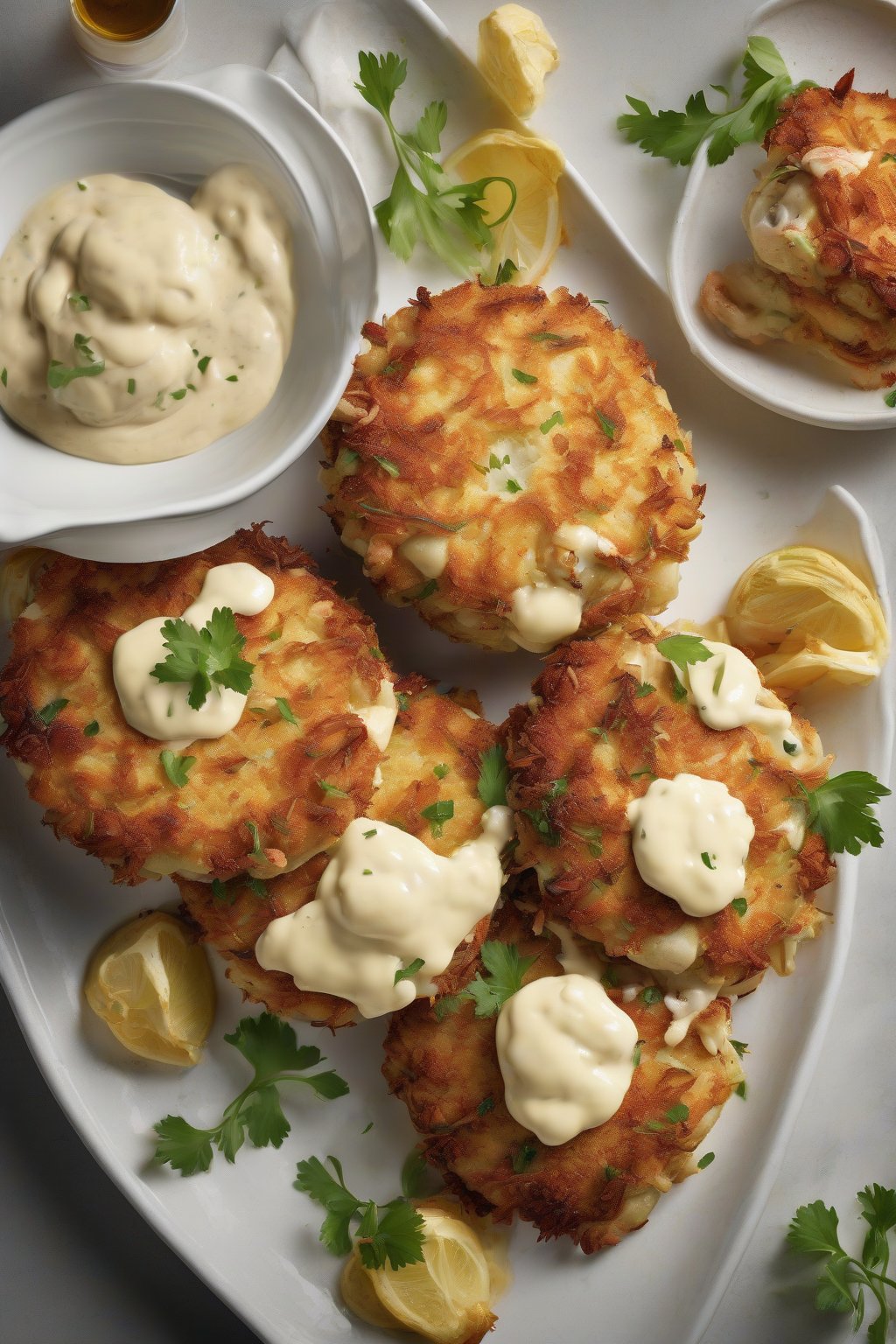 A high-resolution photo of oversized jumbo lump crab cakes with visible large crab pieces, served with aioli, under soft lighting.