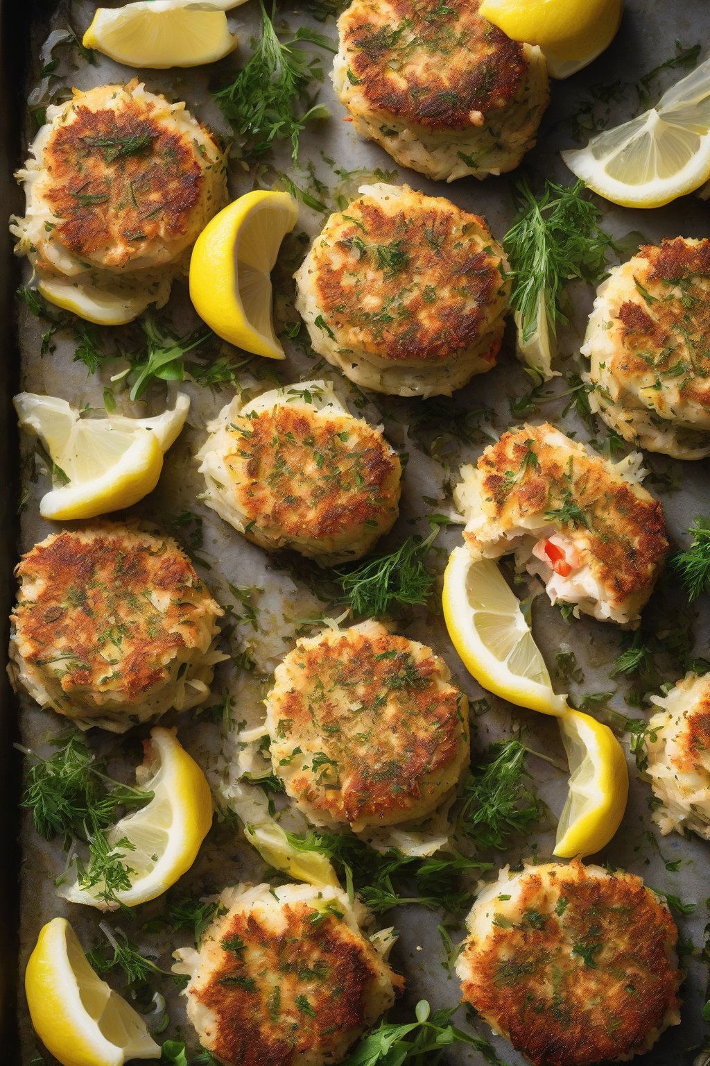 A high-resolution photo of broiled crab cakes with herb flecks and lemon slices, on a baking sheet, under soft lighting.
