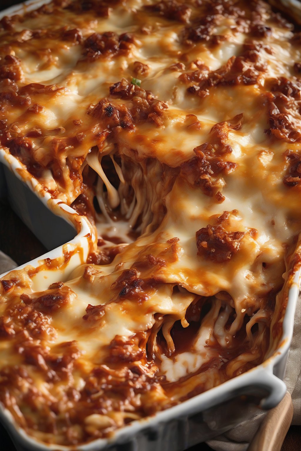 A high-resolution close-up photo of BBQ chicken lasagna, glossy sauce-glazed layers with caramelized onions peeking through cheese, under soft lighting.