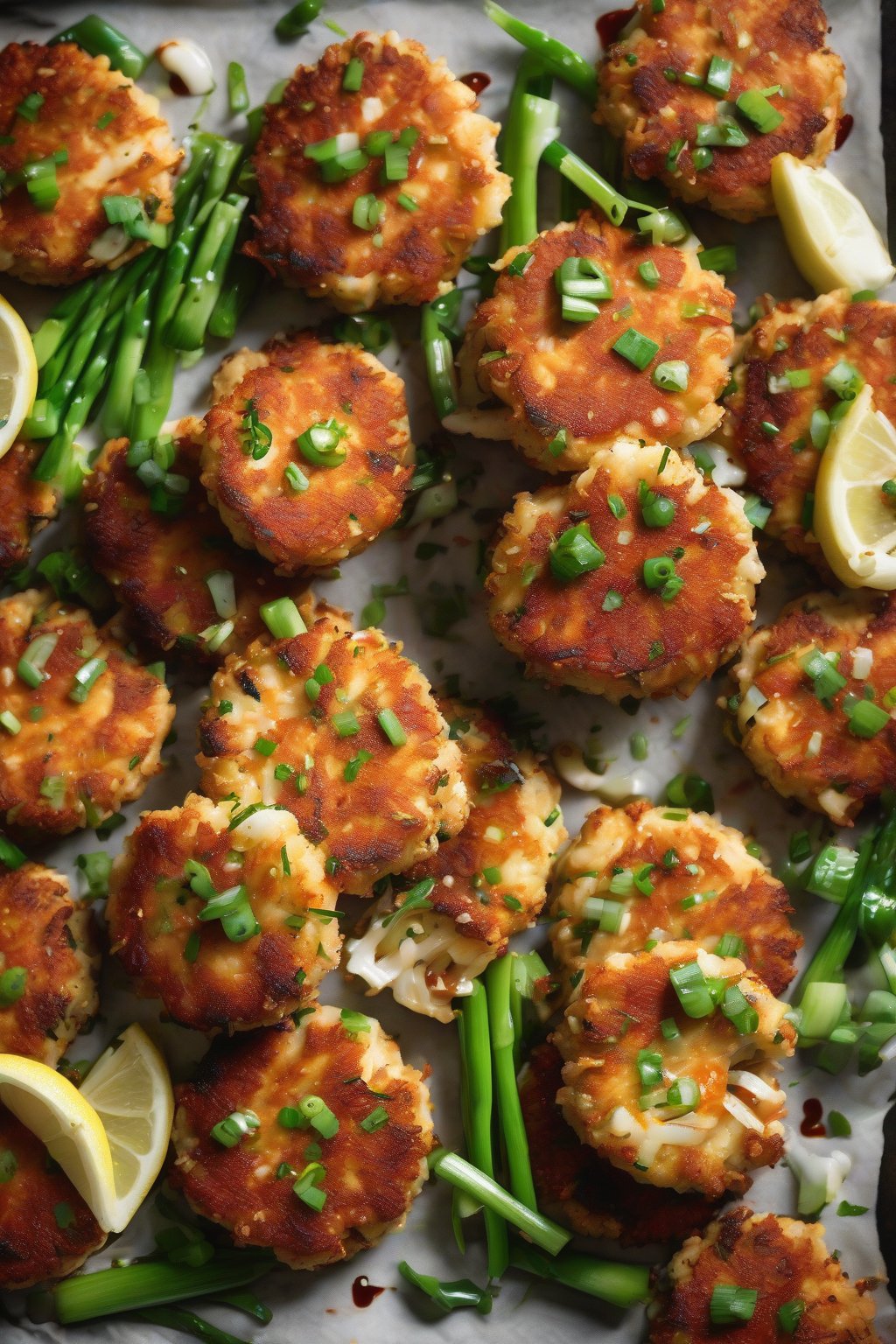 A high-resolution photo of spicy crab cakes with sriracha drizzle and scallions, crispy edges, under soft lighting.