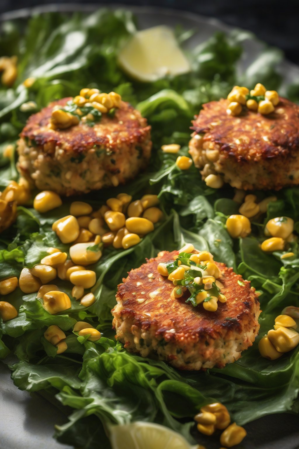 A high-resolution photo of crab cakes studded with golden corn kernels, on a bed of greens, under soft lighting.
