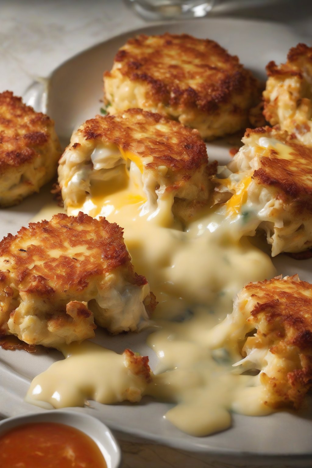 A high-resolution photo of crab cakes oozing melted cheese, cut open to show interior, under soft lighting.