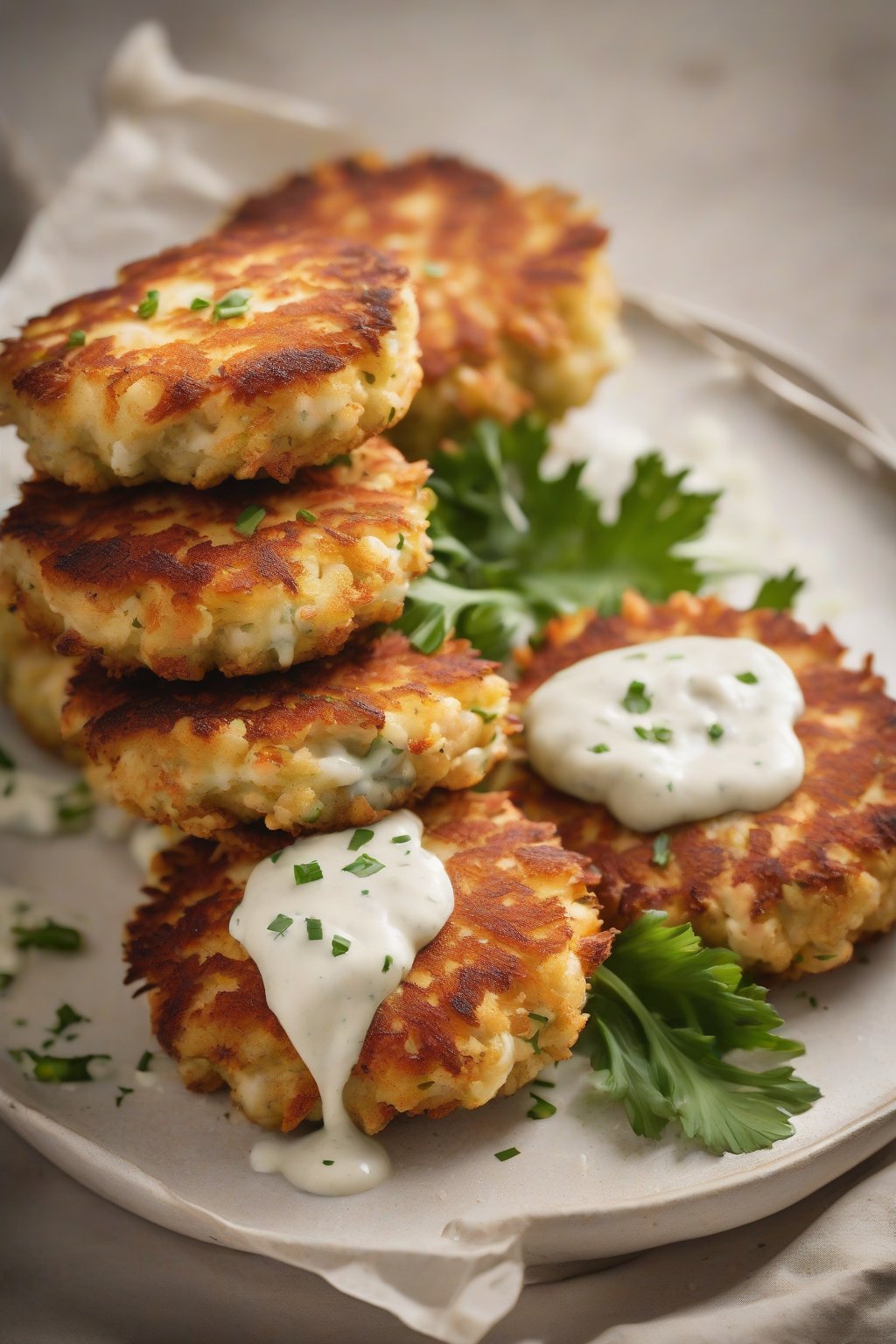 A high-resolution photo of golden gluten-free crab cakes stacked with tartar sauce, under soft lighting.