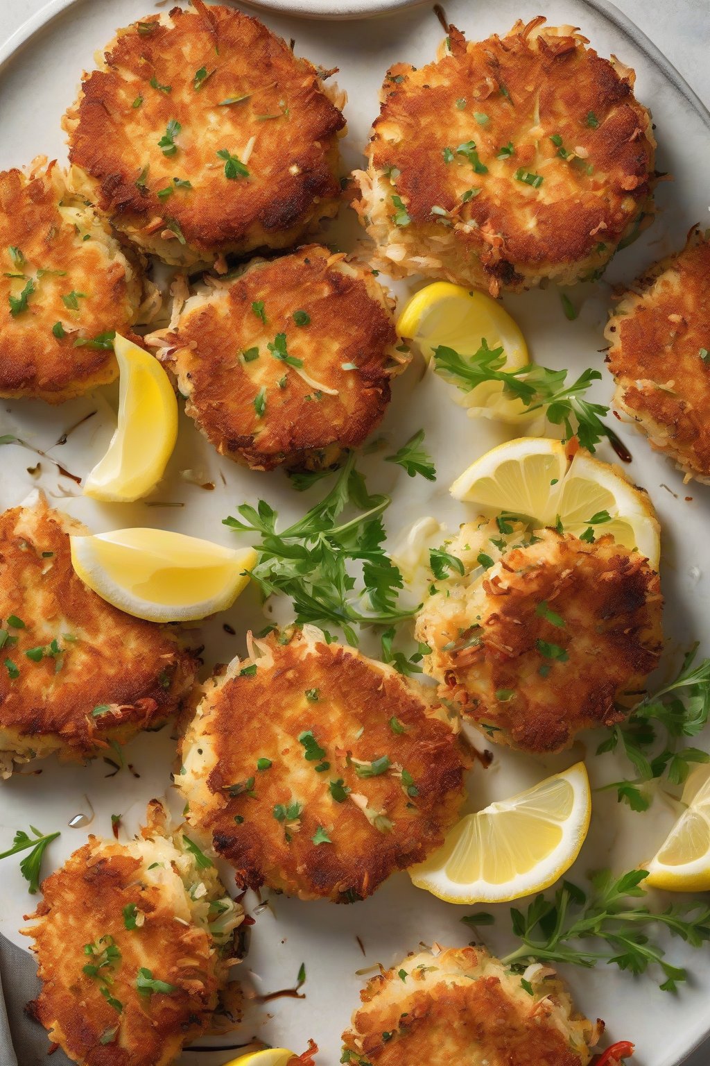 A high-resolution photo of air-fried crab cakes with ultra-crispy exteriors, lemon garnish, under soft lighting.
