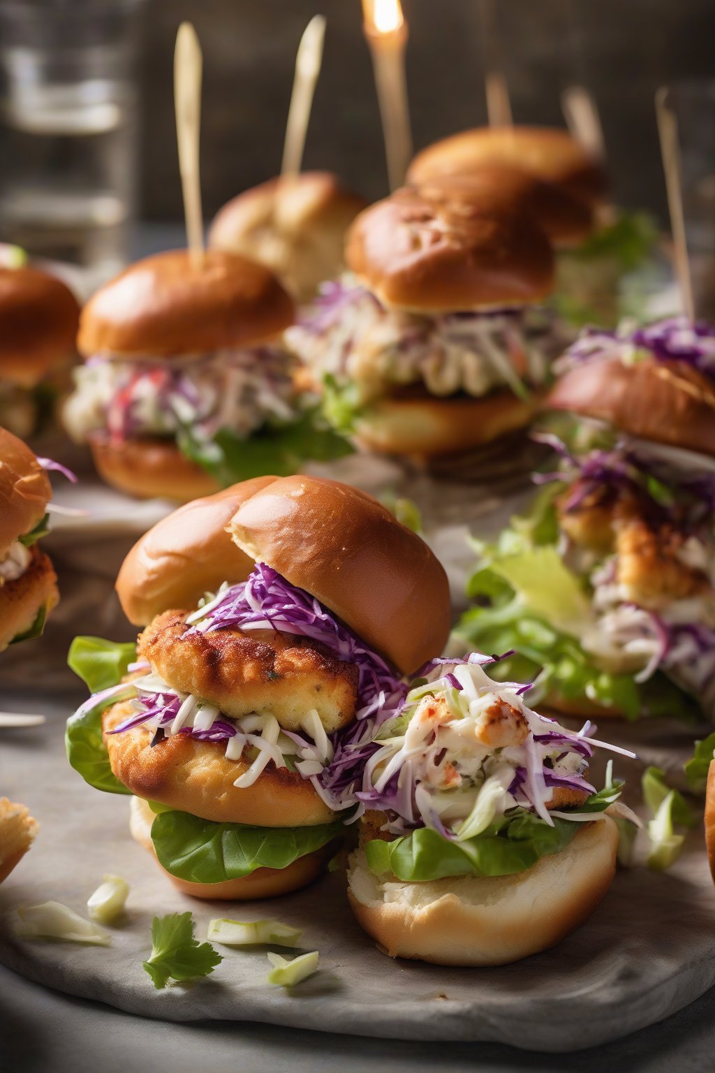 A high-resolution photo of mini crab cake sliders on brioche buns with slaw, arranged artfully, under soft lighting.