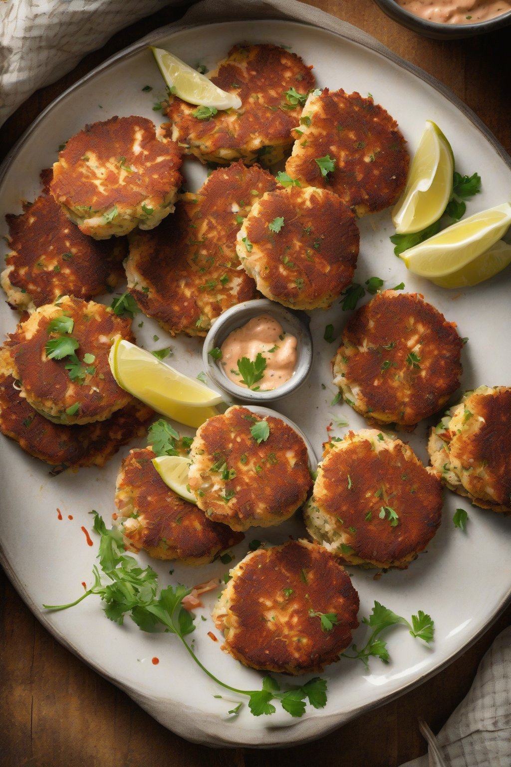 A high-resolution photo of crab cakes with smoky paprika dusting, served with remoulade, under soft lighting.