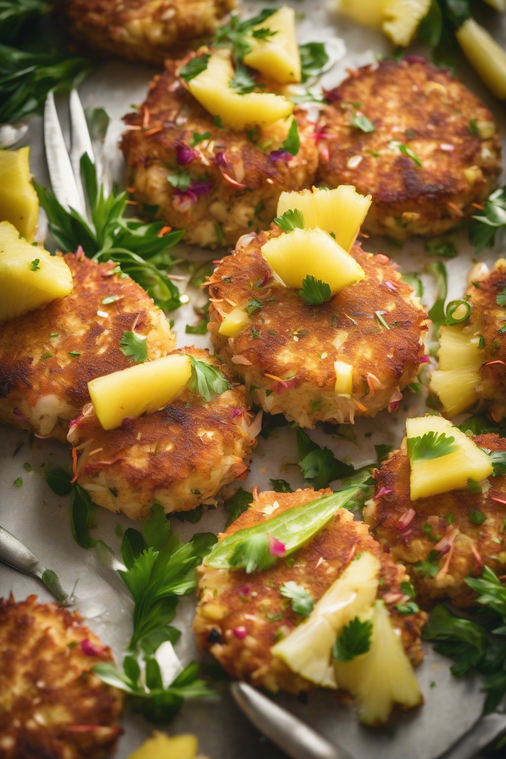 A high-resolution photo of crab cakes with pineapple bits peeking out, tropical garnishes, under soft lighting.