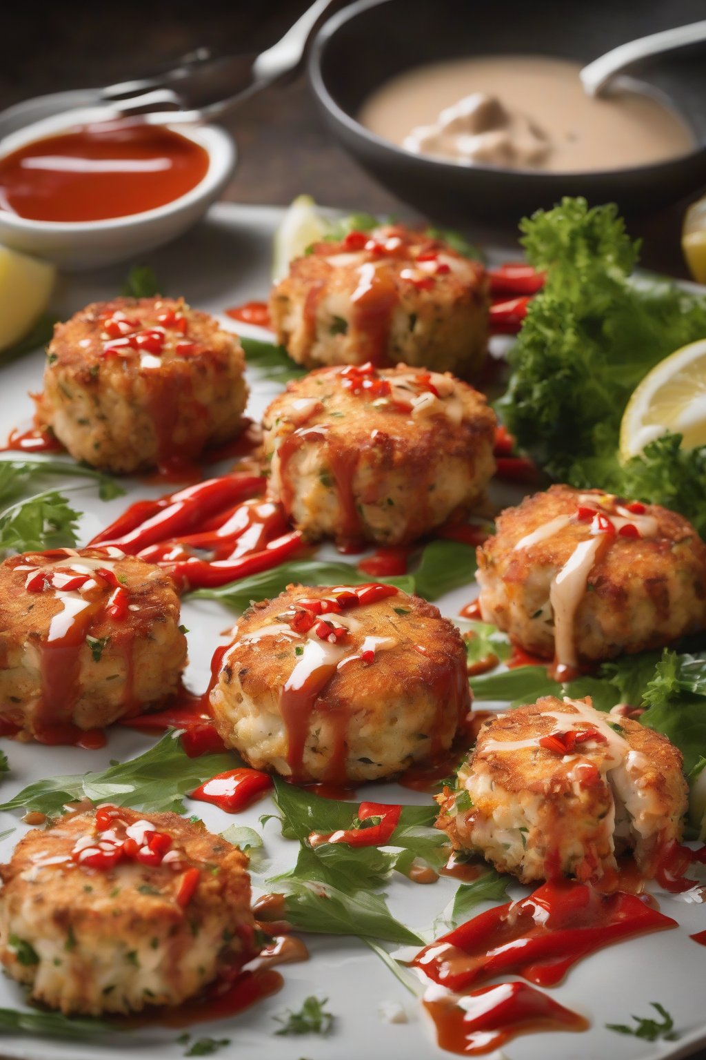 A high-resolution photo of crab cakes filled with red pepper pieces, drizzled sauce, under soft lighting.