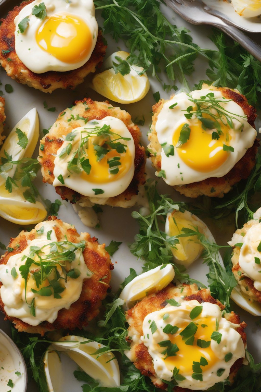 A high-resolution photo of crab cakes with deviled egg-inspired creamy topping, fresh herbs, under soft lighting.