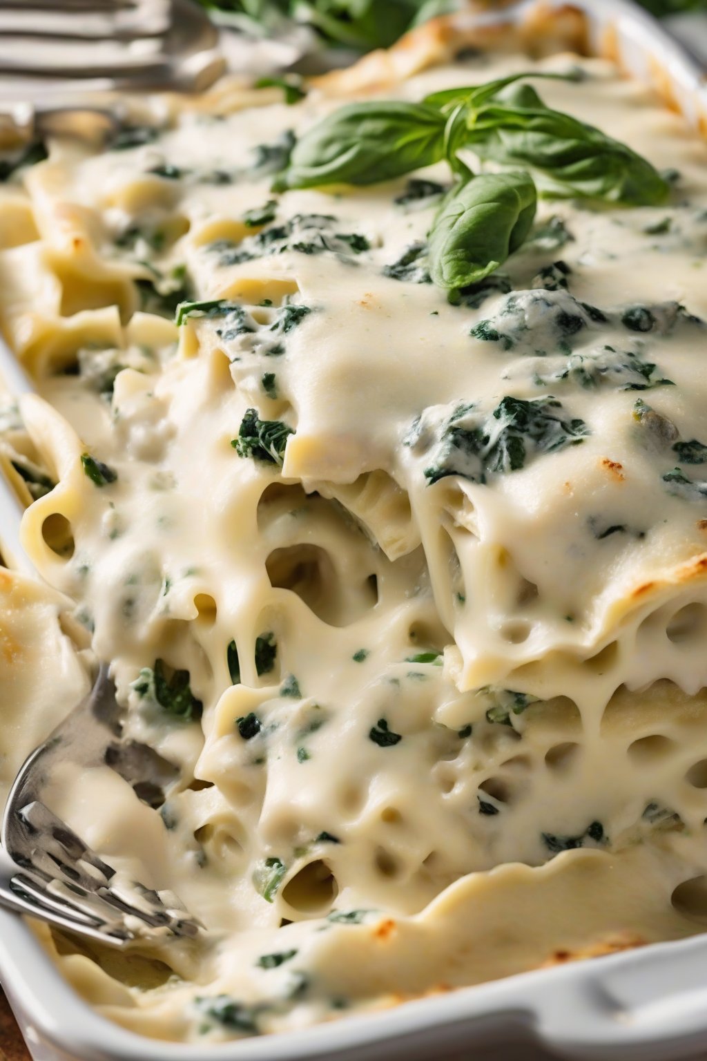 A high-resolution close-up photo of white Alfredo chicken lasagna, creamy white layers studded with spinach and artichoke hearts, under soft lighting.