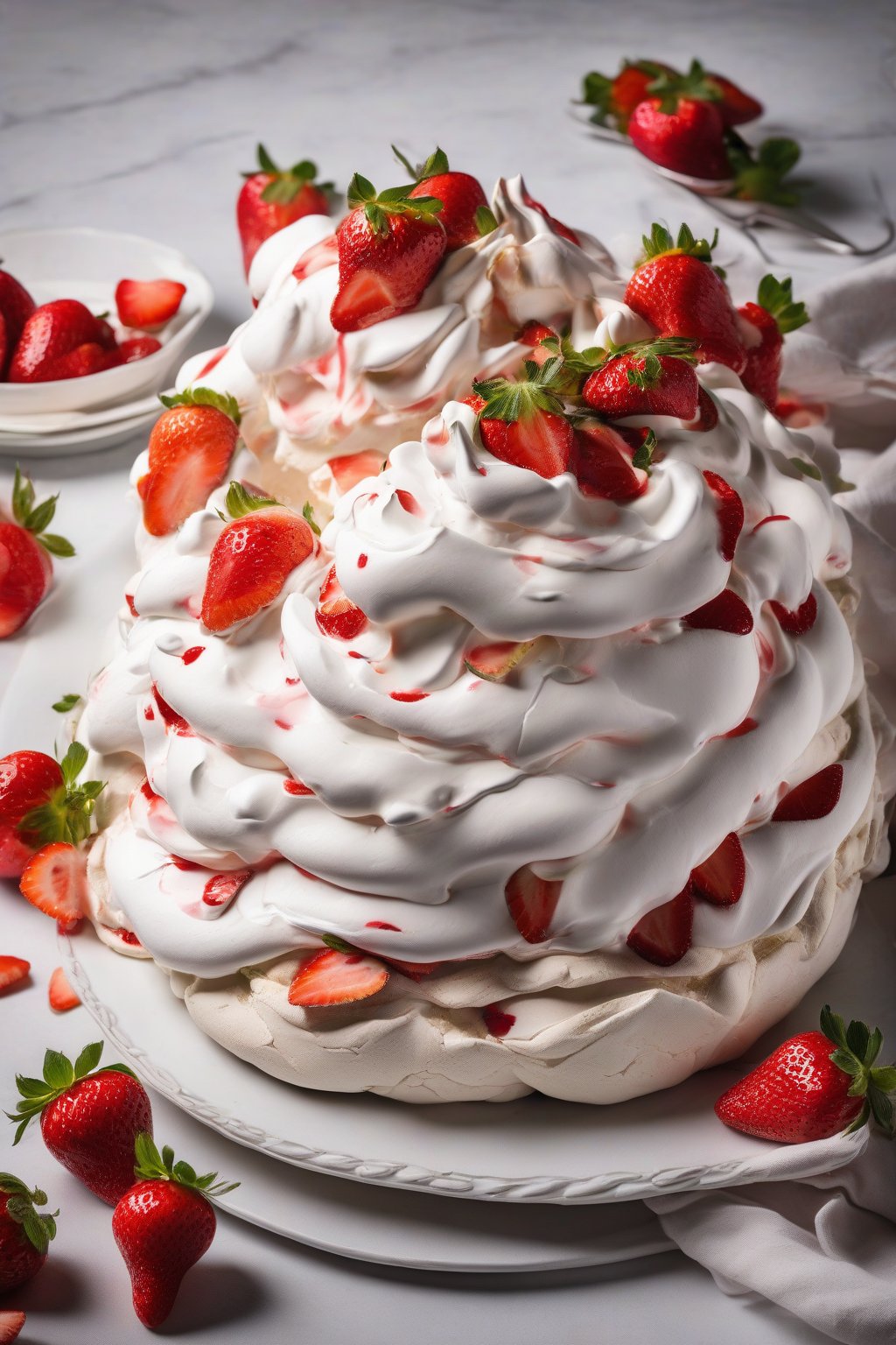 A high-resolution photo of a classic strawberry pavlova with glossy meringue, fresh red strawberries, and whipped cream under soft lighting.