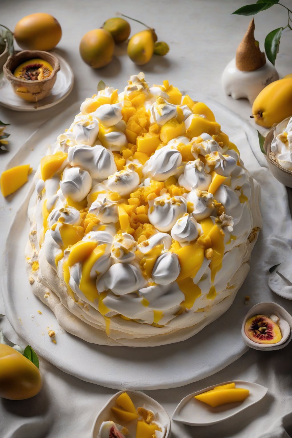 A high-resolution photo of tropical mango and passionfruit pavlova with golden mango chunks and yellow pulp dripping over meringue under soft lighting.