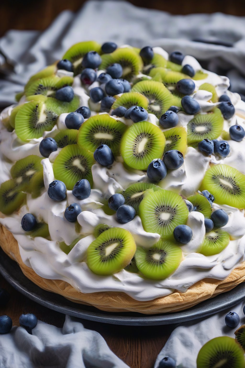 A high-resolution photo of kiwi and blueberry pavlova showcasing green kiwi slices and blue berries atop fluffy meringue under soft lighting.