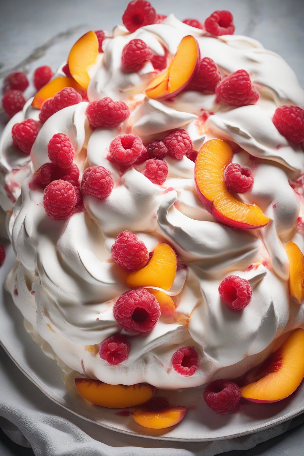 A high-resolution photo of peach and raspberry pavlova with orange peach slices and red berries on white meringue under soft lighting.
