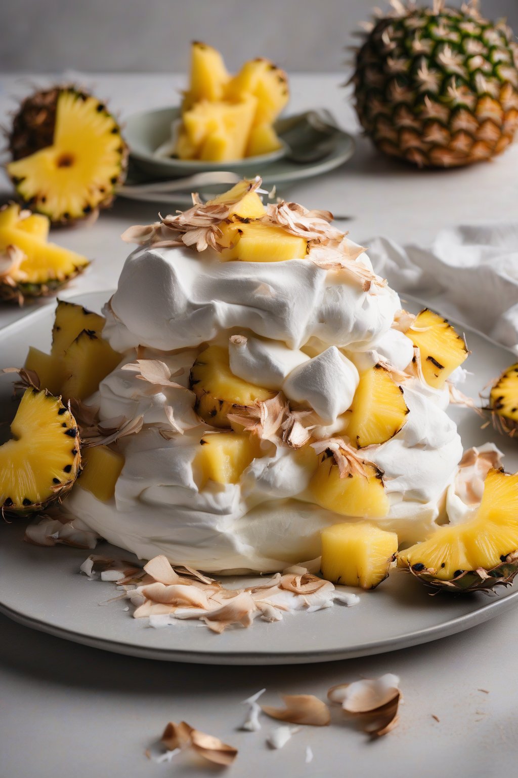 A high-resolution photo of pineapple and coconut pavlova with charred pineapple rings and fluffy coconut cream under soft lighting.