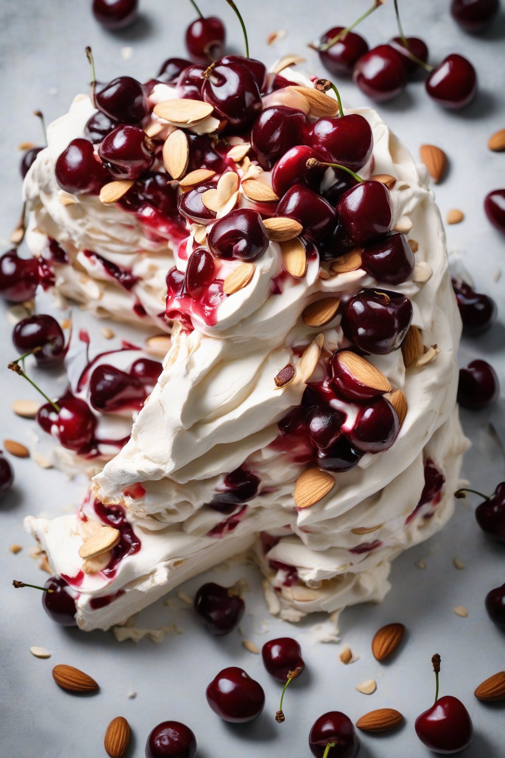 A high-resolution photo of cherry almond pavlova piled with dark red cherries and almond slivers under soft lighting.