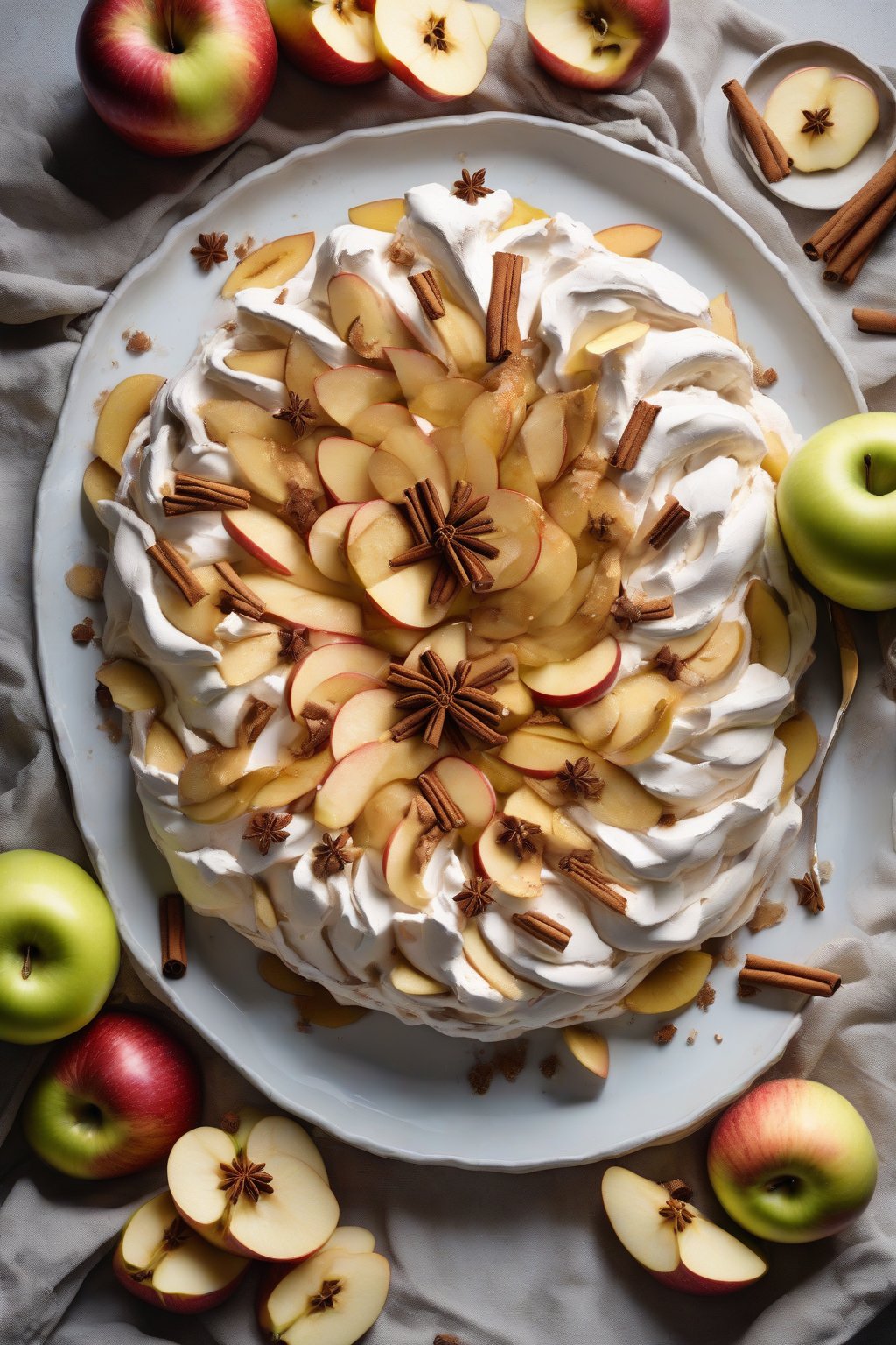 A high-resolution photo of apple cinnamon pavlova with golden apple slices spiced with cinnamon under soft lighting.
