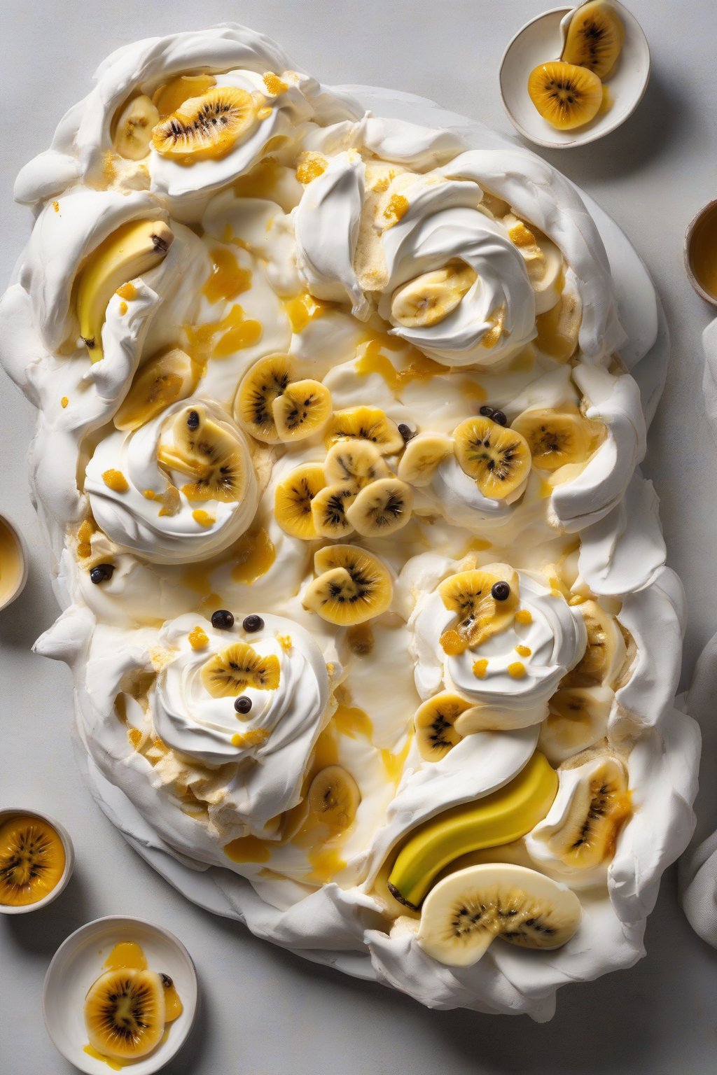 A high-resolution photo of banana and passionfruit pavlova with sliced bananas and tangy pulp under soft lighting.