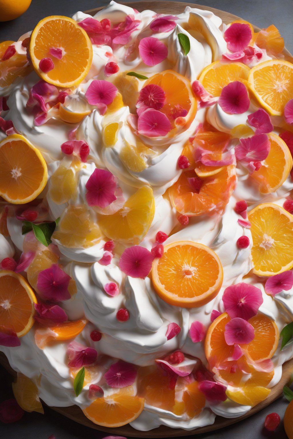 A high-resolution photo of mixed citrus pavlova bursting with orange, pink, and yellow segments under soft lighting.