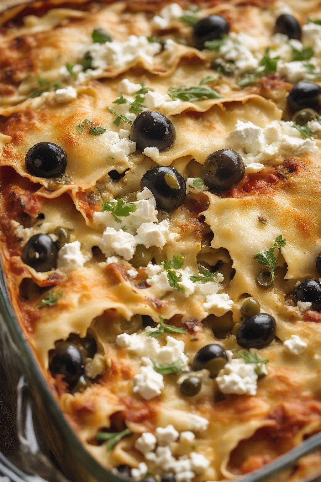 A high-resolution close-up photo of Mediterranean chicken lasagna, briny olives and feta crumbling over layered slices, under soft lighting.