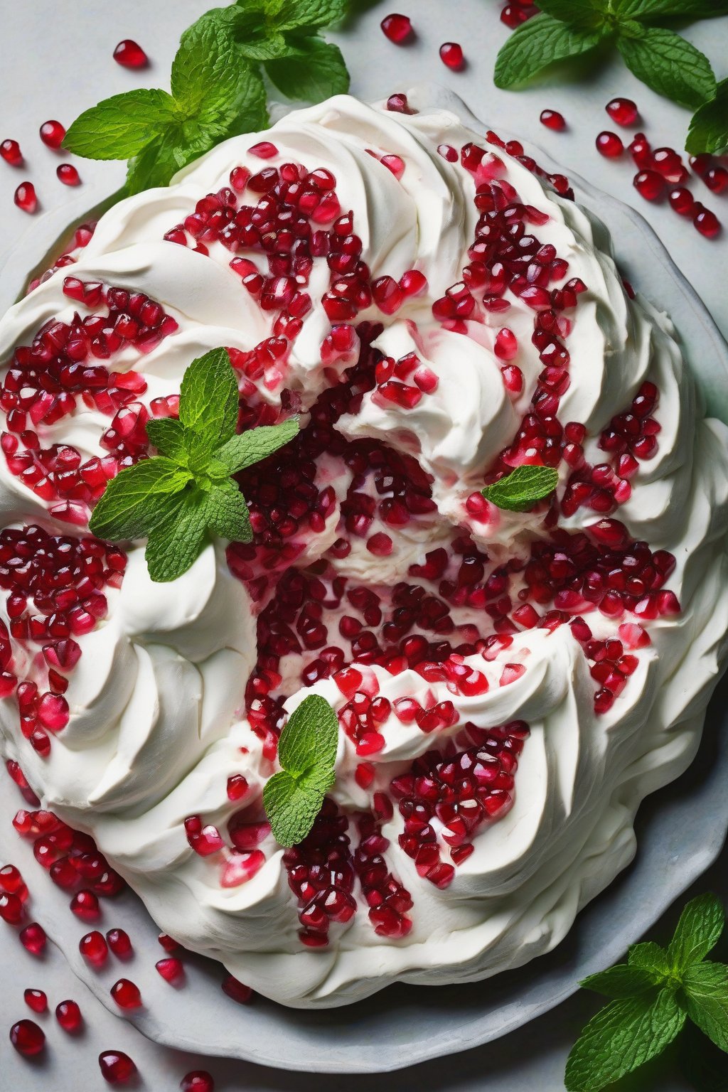 A high-resolution photo of pomegranate and mint pavlova with ruby arils and green mint leaves under soft lighting.
