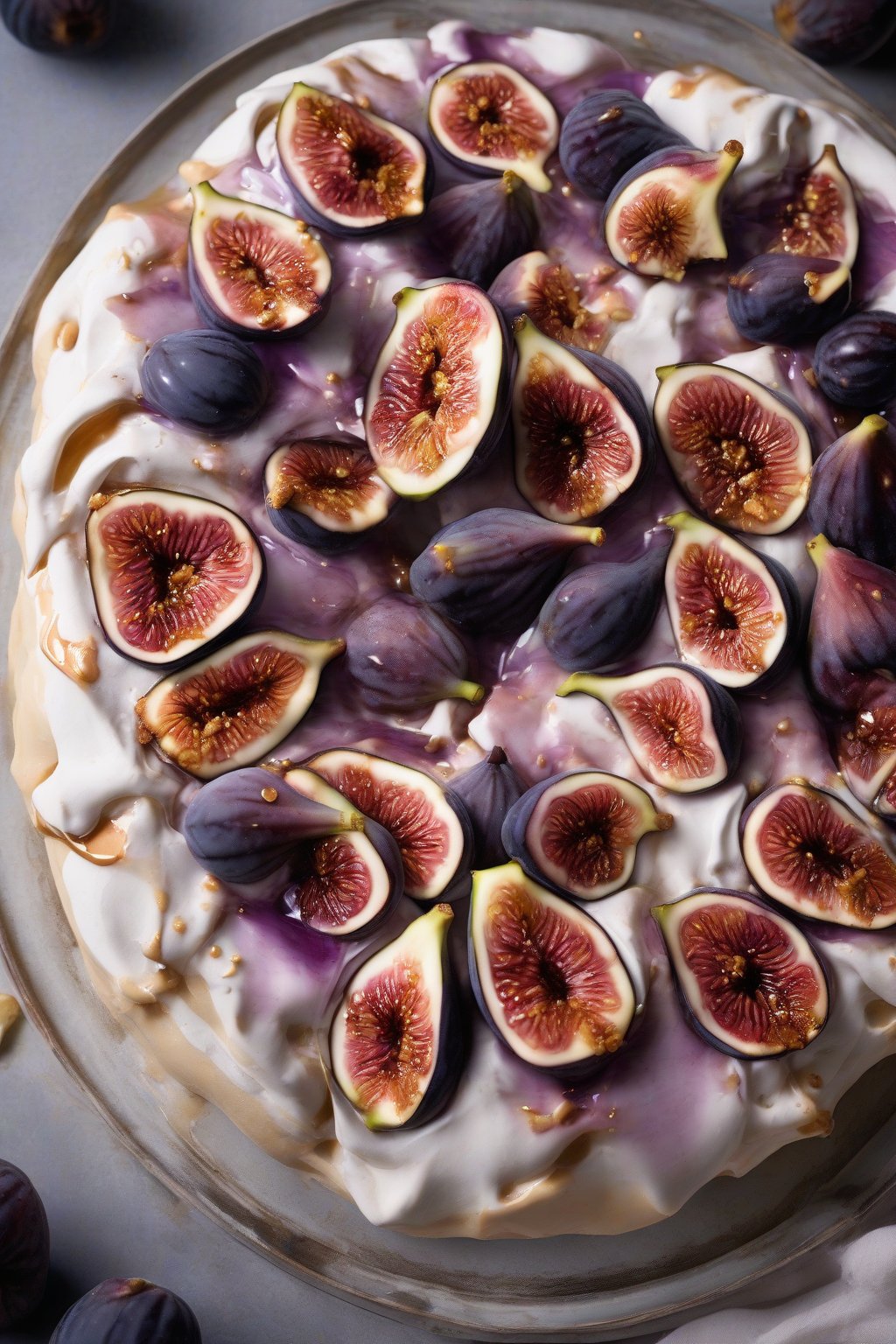 A high-resolution photo of fig and honey pavlova with purple figs glistening in honey under soft lighting.