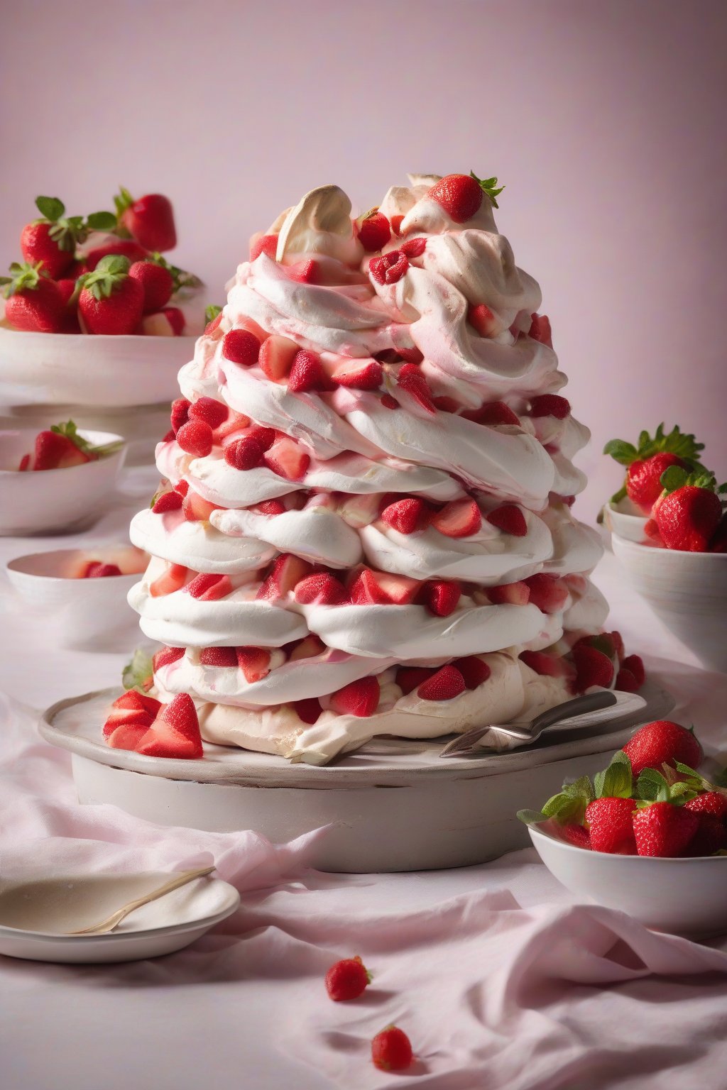 A high-resolution photo of rhubarb and strawberry pavlova with pink rhubarb and red berries under soft lighting.