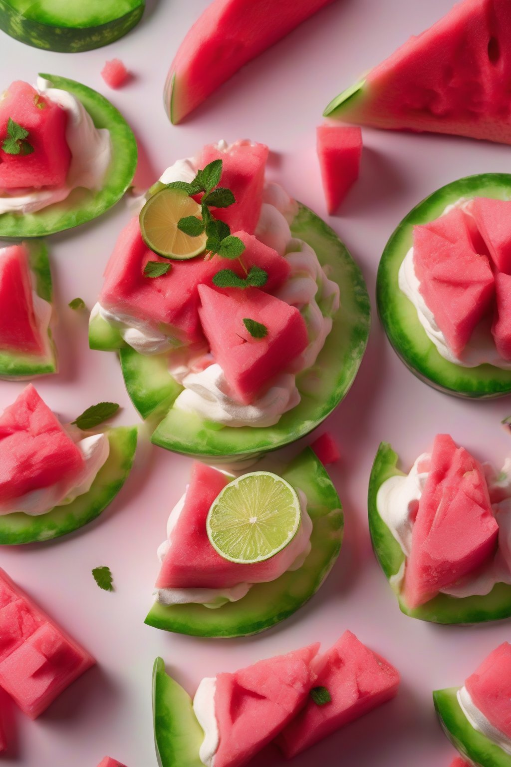 A high-resolution photo of watermelon and lime pavlova with pink cubes and green zest under soft lighting.
