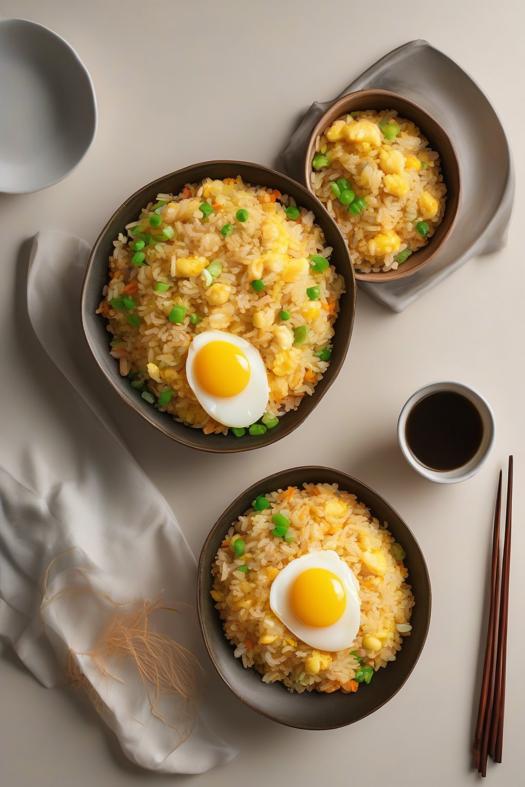A high-resolution photo of steaming classic egg fried rice with golden scrambled eggs and shiny soy glaze under soft lighting.