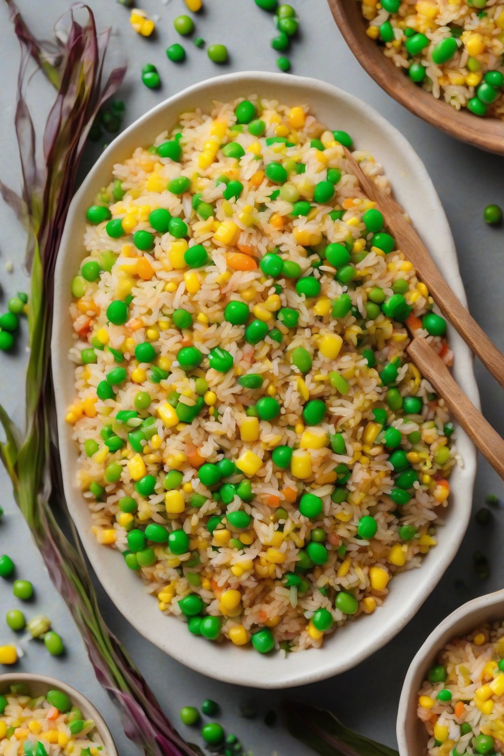 A high-resolution photo of colorful corn and pea fried rice with pops of yellow and green under soft lighting.