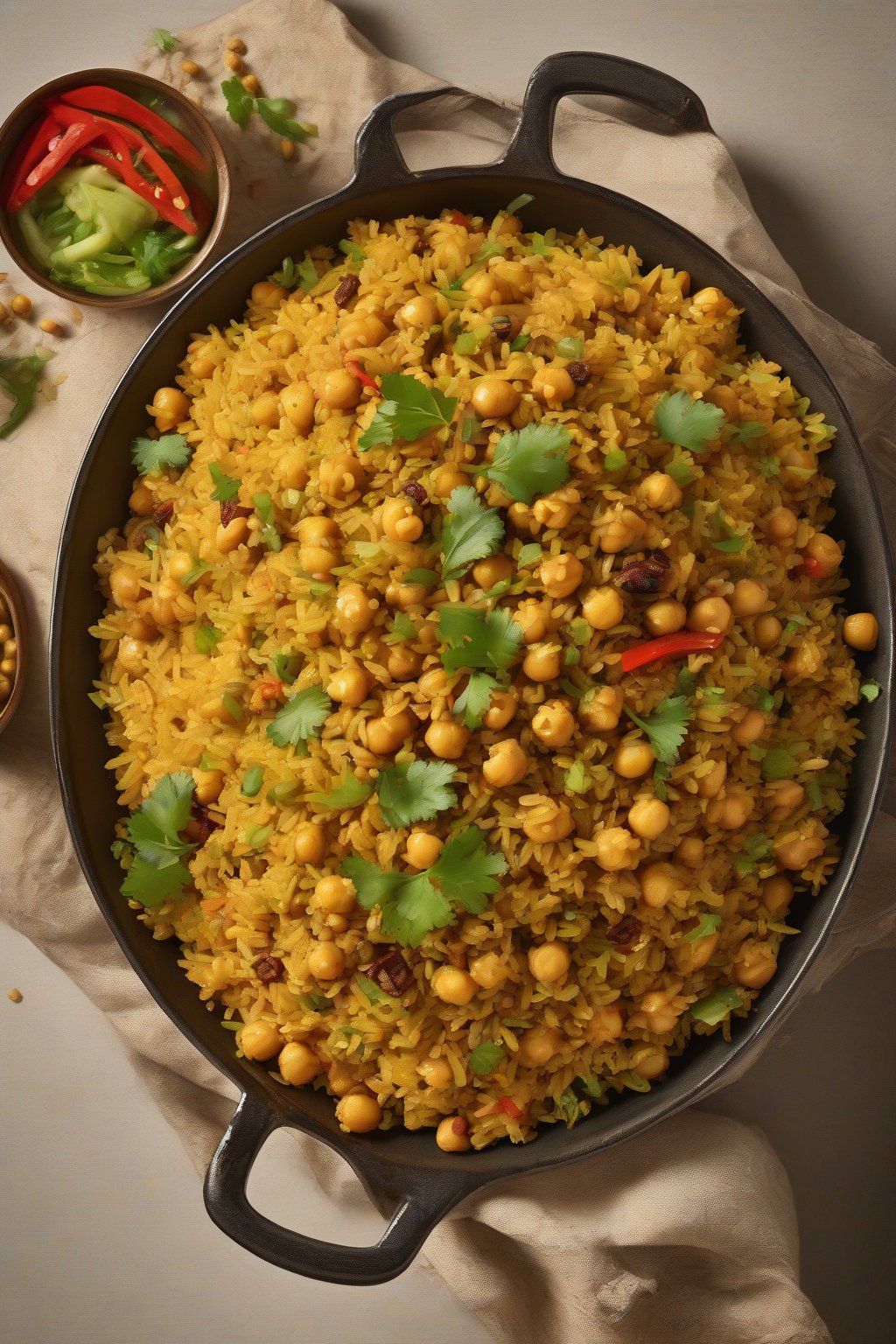 A high-resolution photo of golden chickpea curry fried rice with aromatic spices under soft lighting.